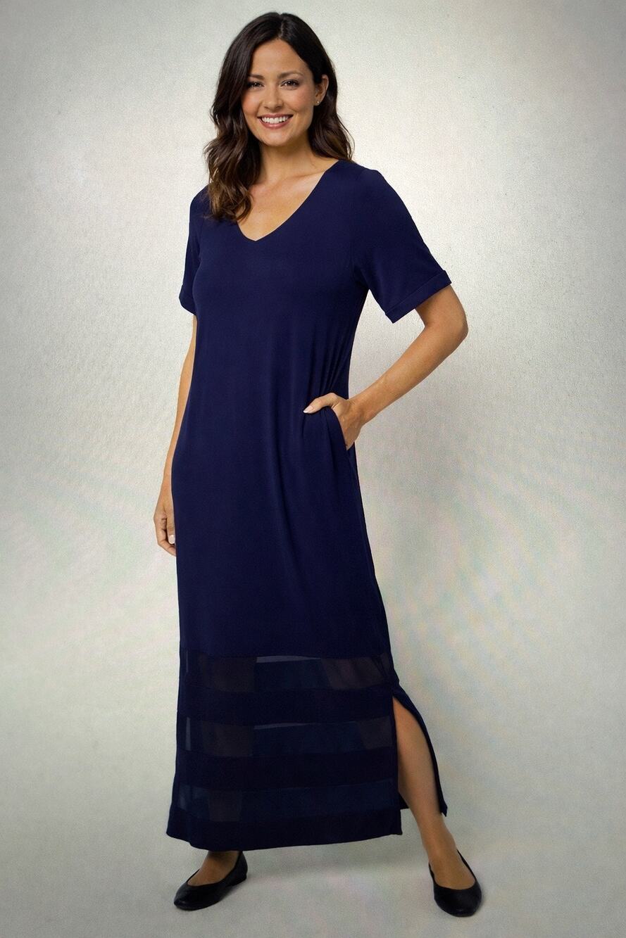 Colleen Lopez EveryWear Mesh Insert Maxi Dress w/Pockets, Navy, Medium